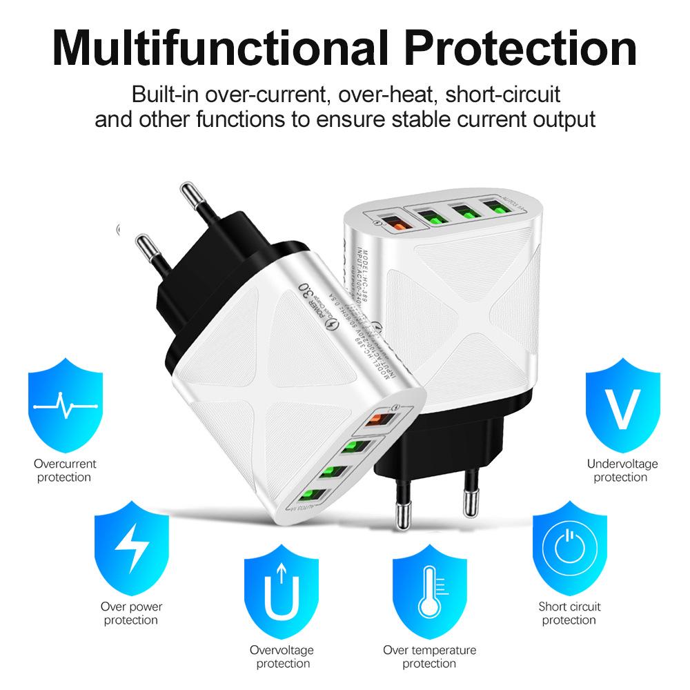 4-Port USB Fast Charger 5V/9V/12V QC3.0, European/American/British/Australian Standards, New Model