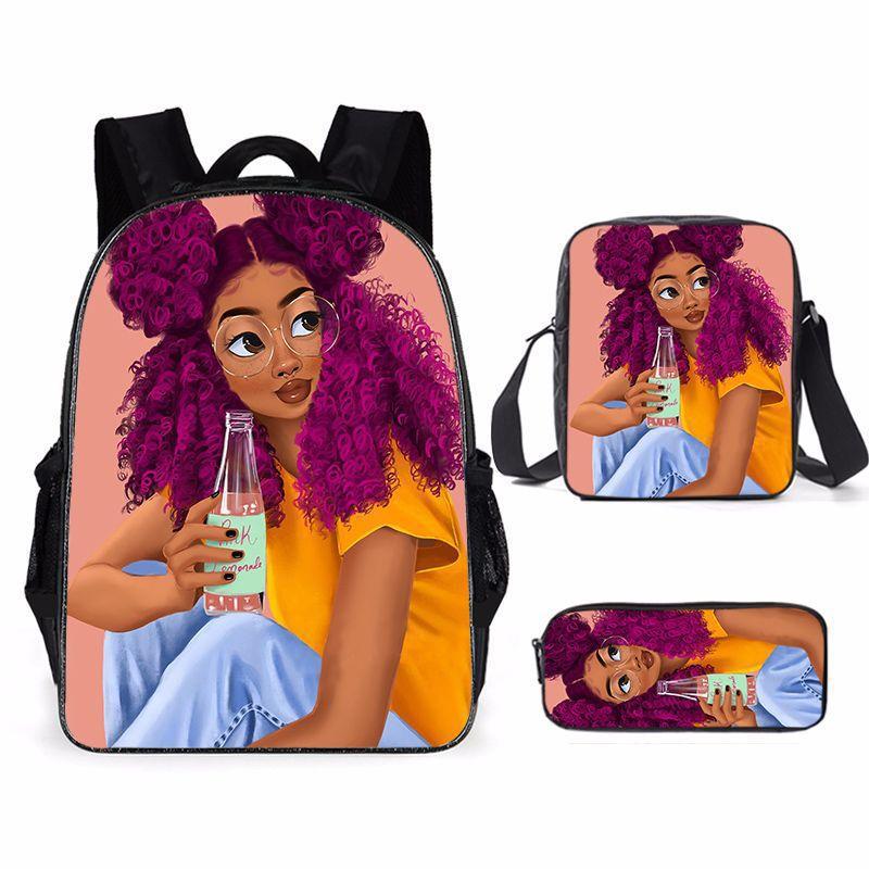 Cartoon African Girl Schoolbag, Primary And Secondary School Backpack, Backpack Three-Piece Set