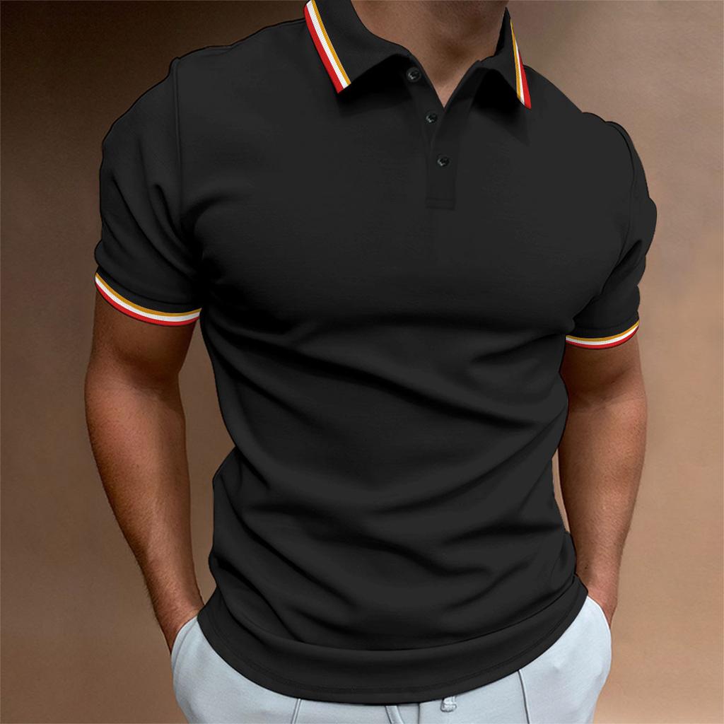 New Men's Slim POLO Shirt Ribbed Striped Lapel Buttons Solid Colour Splicing T-shirt Tops