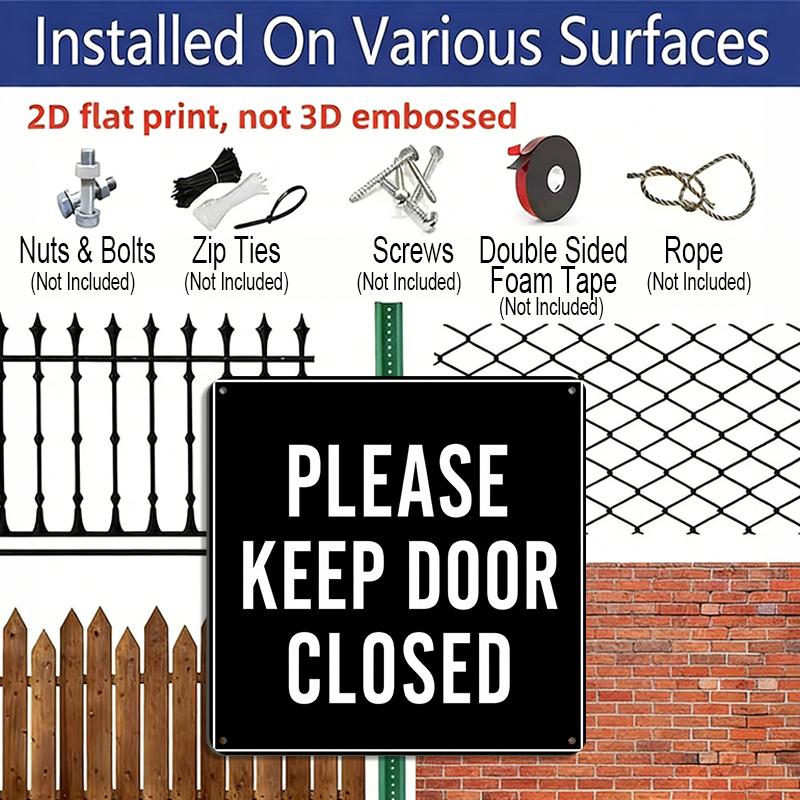 2D Flat 1pc Black White Warning Aluminium Hanging Plaque, "Please Keep Door Closed" Text Sign, Black White Warning Metal Plaque for Home Office Store