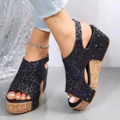 Damen Übergröße Pailletten Gladiator Sandalen Flach Keilabsatz Dicke Sohle Peep Toe Schuhe