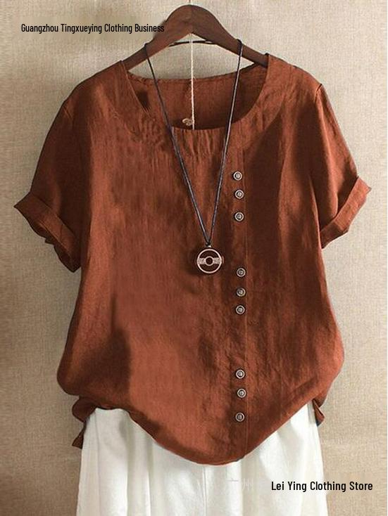 Women's Plus Size Casual Cotton Linen Button-Up Retro T-Shirt