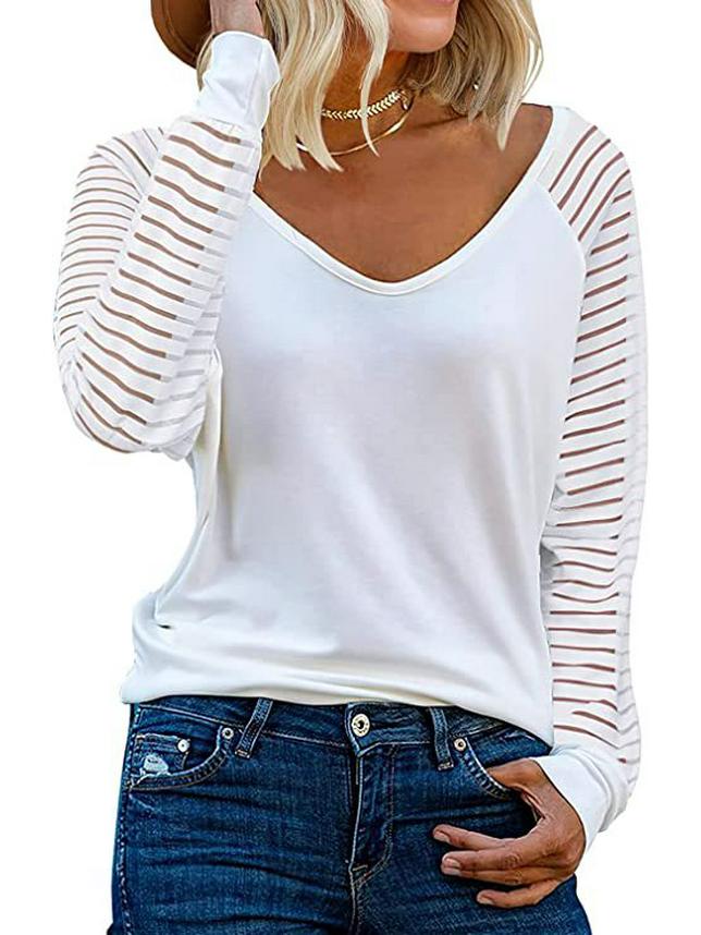 New Women's Patchwork Long Sleeve Striped Casual Loose Top