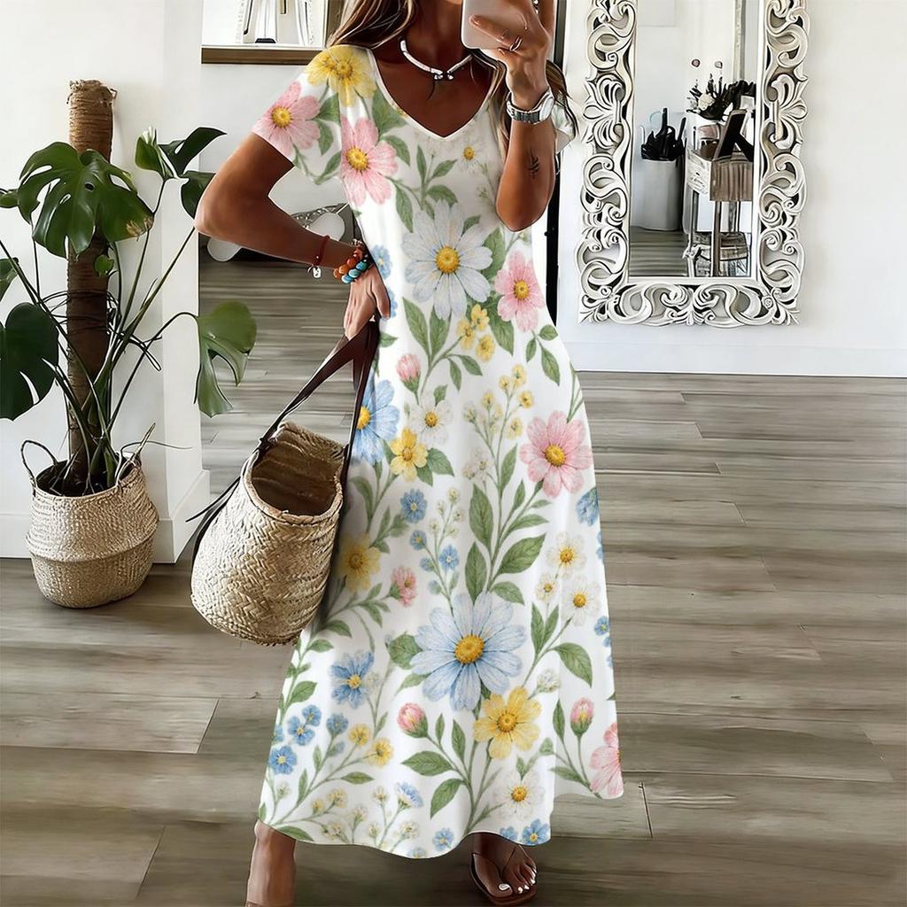 Women Plus Size V Neck Short Sleeve Floral Printed White Maxi Dress