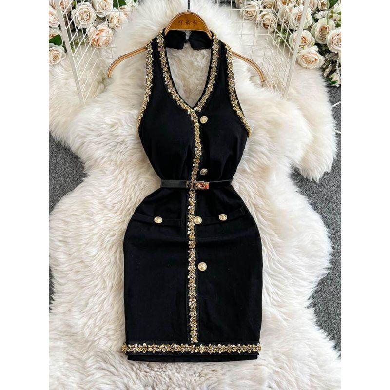 French Style Classic Style Fancy Beaded Sequins V-neck Halter Sleeveless Waist-Tight Sheath Strap Showing Chest Pad Dress