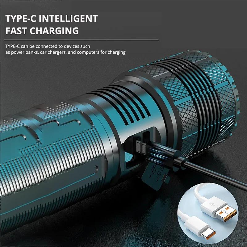 Powerful LED Flashlight 100000LM Super Bright Zoomable Tactical Torch with Power Display Type-C Charging Camping Flashlights