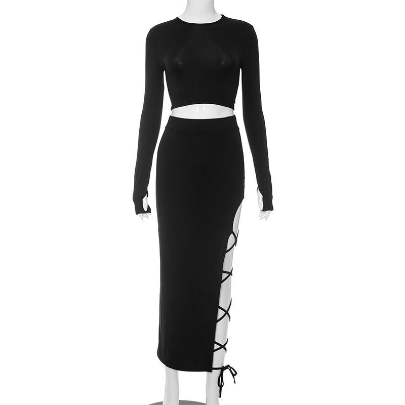 Women's Autumn Solid Color Long Sleeve Top & Slim Fit Slit Lace-up Skirt Set