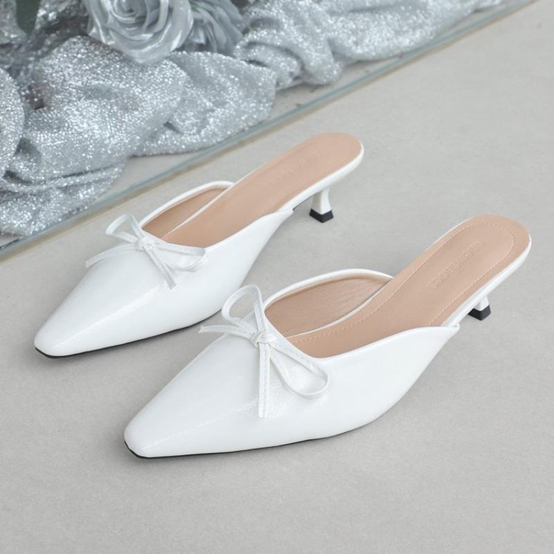 Women Fashion Butterfly-Knot Thin Heels Slipper Shoes Women Pointed Toe Slides Women Elegant Medium Heel Solid Mules Slippers