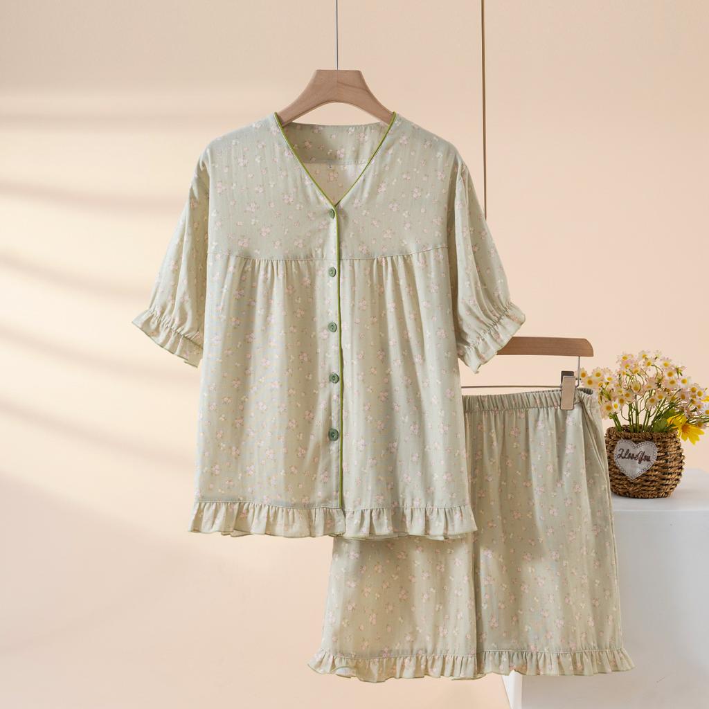 Class A pure cotton pajamas for women, summer short-sleeved shorts, thin sweet cardigan, loungewear set,  set