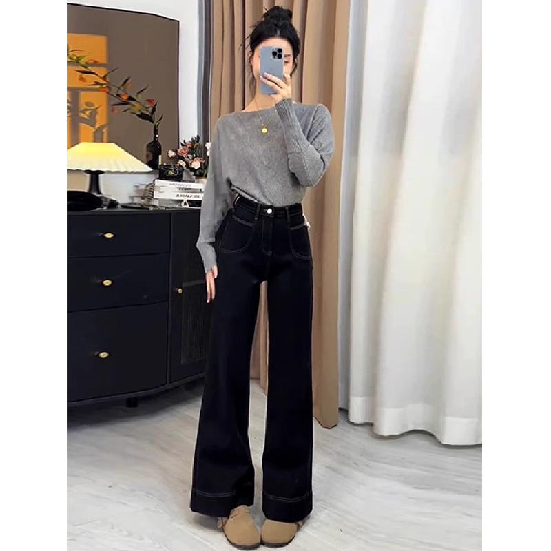 Women's Black High Waist Micro Flare Jeans for Spring/Autumn - Slimming, Loose Fit, Pear-Shaped Body, Straight Wide Leg