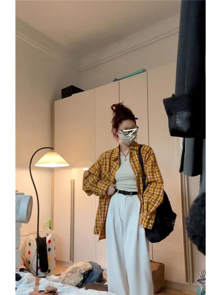 Women's Retro Yellow Striped Plaid Shirt Jacket, Sun Protection, Mid-Length Top for Spring and Autumn