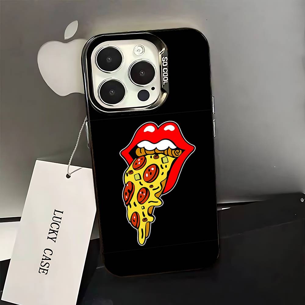 Leckeres Cartoon-Pizza-Handyhülle Für iPhone 16,15,14,13,12,11,Pro,XS,Max,Plus,Mini,SE Schwarzes Candy Matt Stoßfestes Cover