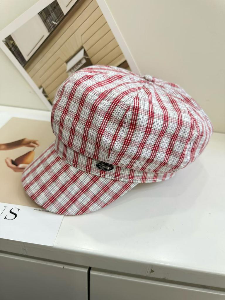 Retro blue plaid beret female face small literary style painter hat octagonal cap cap