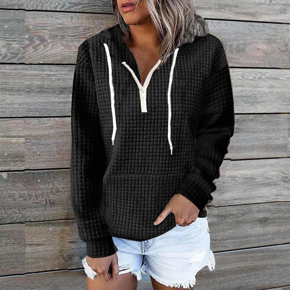 Women Fall Winter Hoodie Drawstring Relaxed Fit Pullover Long Sleeve Waffle Texture Leisure Soft Warm Zipper Decor Hooded Sweatshirts W
