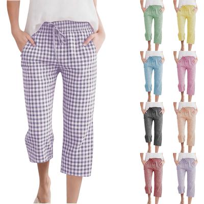 Children's Fashionable And Cute Checkered Elastic Waist Pocket Casual Girls' Cropped Pants