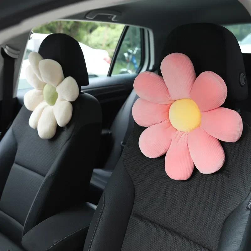 Cute Flower Car Neck Pillow Cushion Soft Car Headrest Waist Pillow Safety Seat Belt Shoulder Pad Car Accessories for Girls Women