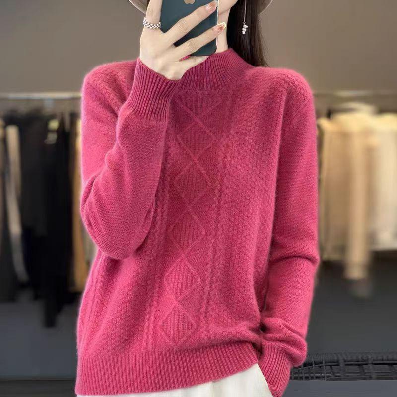 Pletený svetr pulovr s polovičním vysokým límcem pro ženy podzim a zima jednobarevný s dlouhým rukávem volný ležérní svetr