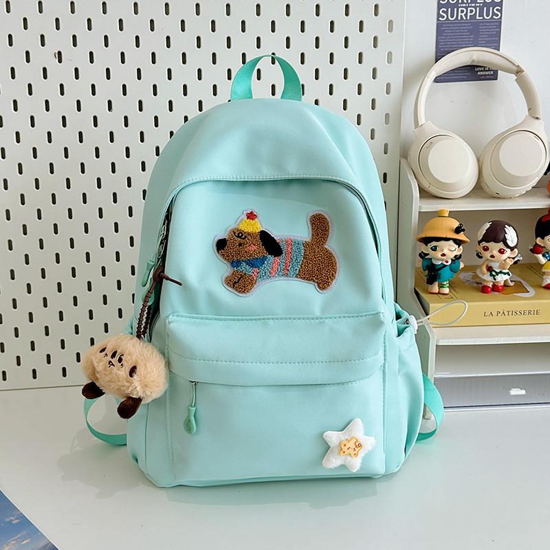 Solid Color Cute Sausage Dog Embroidery Pattern Student Backpack With Star Pendant