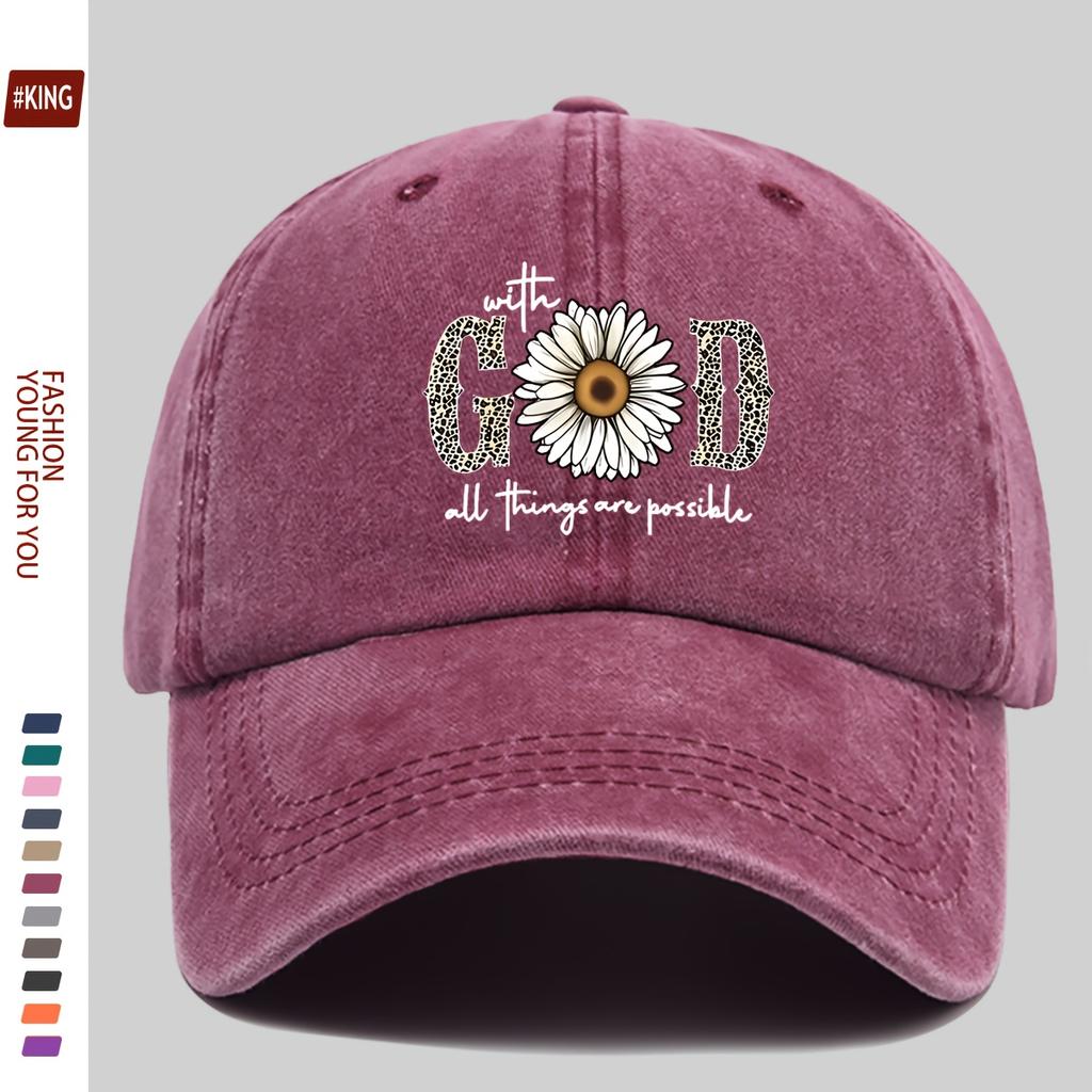 1pc With God All Things Are Possible Daisy Graphic Baseball Cap  Soft Comfort Polyester Adjustable Buckle Closure