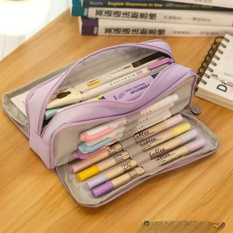 Kawaii Pencil Case Large Space Storage 3 Compartment Pouch Double Side Opened Student Stationery Desk Organizer School Supplies
