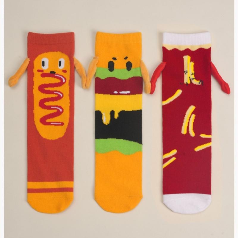 Magnetic Hand Holding Middle Calf Socks Funny Cartoon Food Themed Hamburger Hot Dogs Print Crazy Design Socks for Women