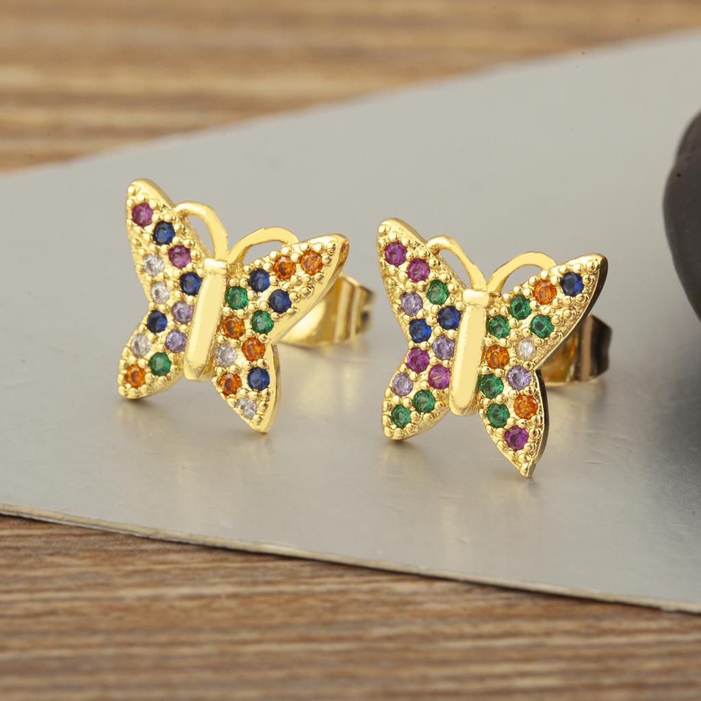 Nidin Hot Sale Rainbow Butterfly Shape Stud Earrings For Women Female Copper Inlaid Colorful Zircon Fashion Cute Ear Jewelry