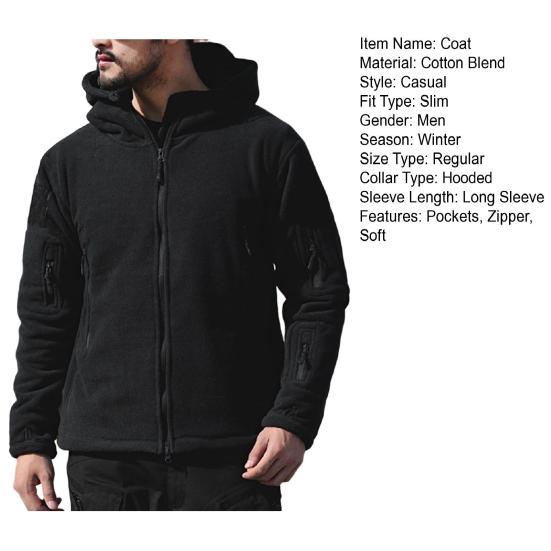 Men Jacket Solid Color Hooded Long Sleeve Fleece Slim Multi Pockets Windproof Hoodie for Outdoor