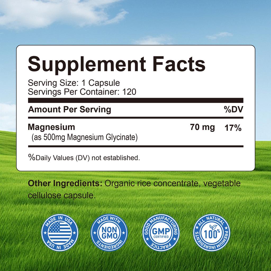Magnesiumglycin-Kapseln, hoher Gehalt, 500 mg, Nahrungsergänzungsmittel, geeignet für Männer und Frauen.