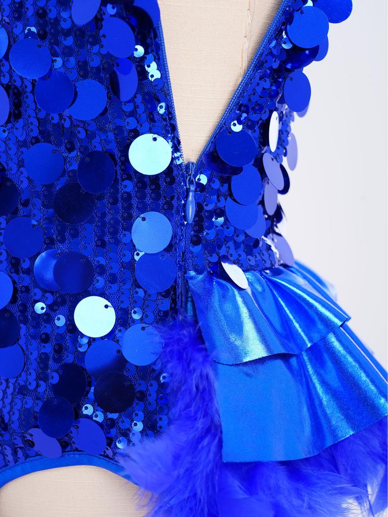 Kids Girls Dance Performance Costume Sleeveless Side Invisible Zipper Back Mesh Patchwork Feather Glittery Sequin Leotard