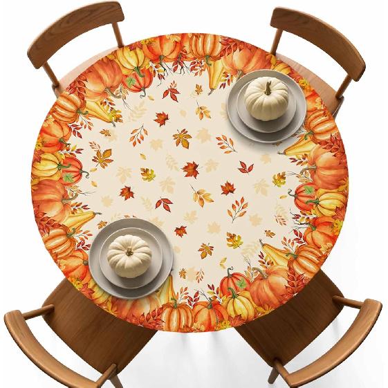 Herbst Erntedank Runder Tischdecke, Bauernhof Kürbis Botanische Ahornblätter Wasserdichtes Spann-Tischcover mit elastischem Rand, Herbst Ernte Tischdecken