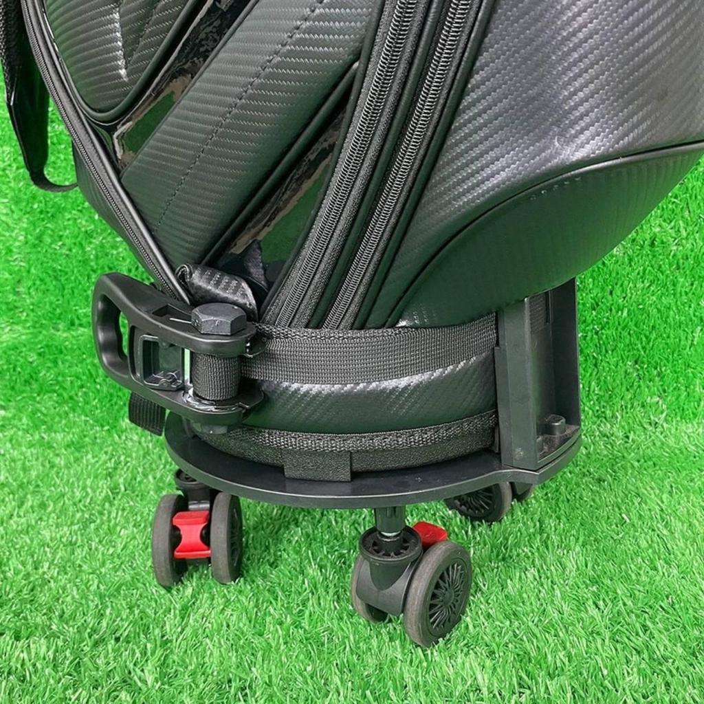 Golf bag wheel base, base and swivel strap