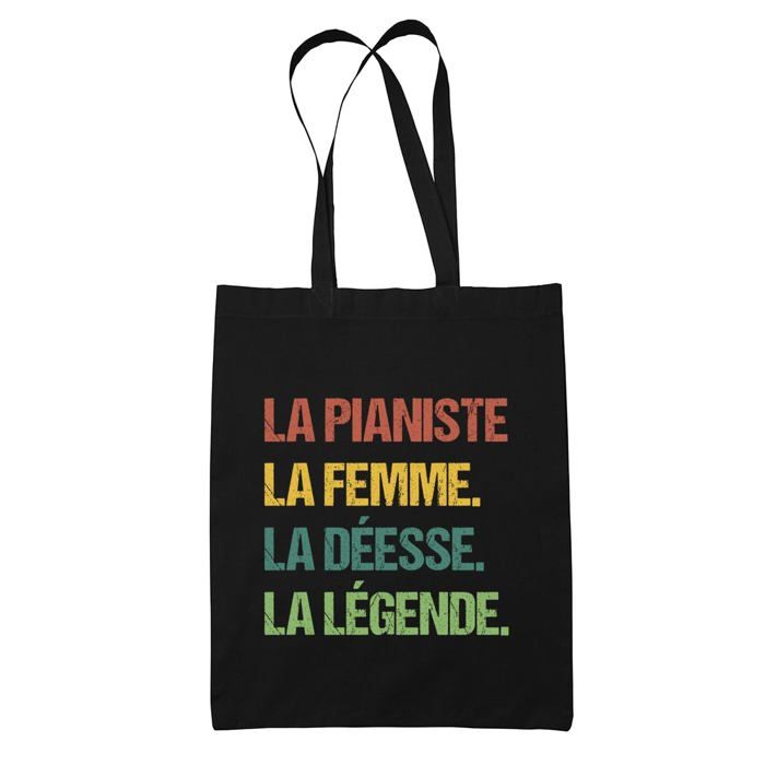Tote bag - PLANETEE - La pianiste Déesse Légende Vintage - Coton - Imprimé en France - Noir