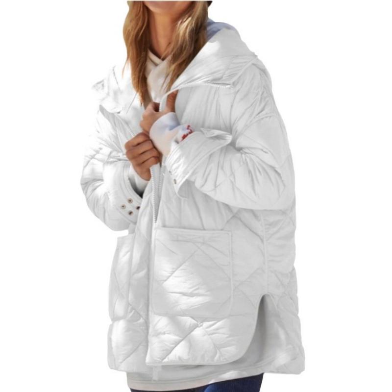 

Женская зимняя куртка 2025 года с ромбовидной стежкой, длинное пальто с капюшоном, большим карманом и боковым разрезом, легкая верхняя одежда на молнии для повседневной носки S