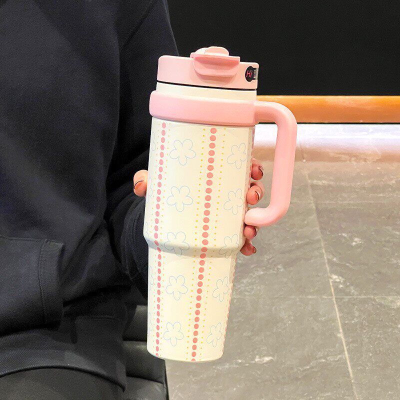 Large-Capacity Thermos Cup for Girls, New Office Water Cup, Giant Student Cup with Handle and Straw, High Aesthetic Value