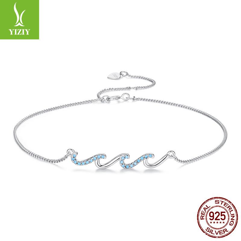 Summer Blue Wave Shape Anklet Creative Design Sense S925 Sterling Silver Anklet Jewelry