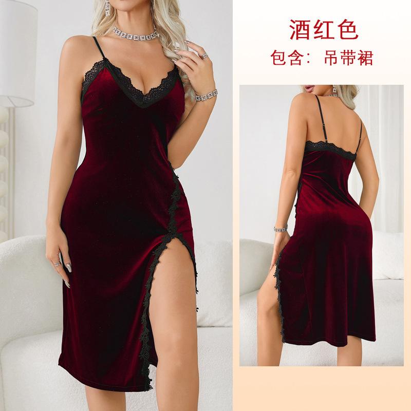 Sexy deep v pajamas women's long suspender nightgown velvet lace seduction backless