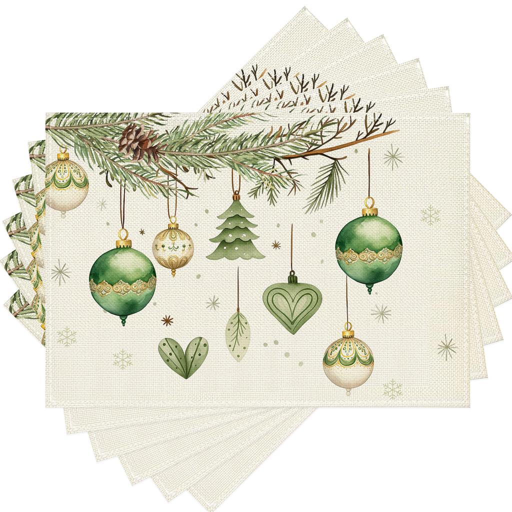 11.81*17.72inch Christmas Ball Pine Branch Pine Cone Snowflake Placemats, of 4/6, Suitable for Kitchen Table Holiday Party Decoration.