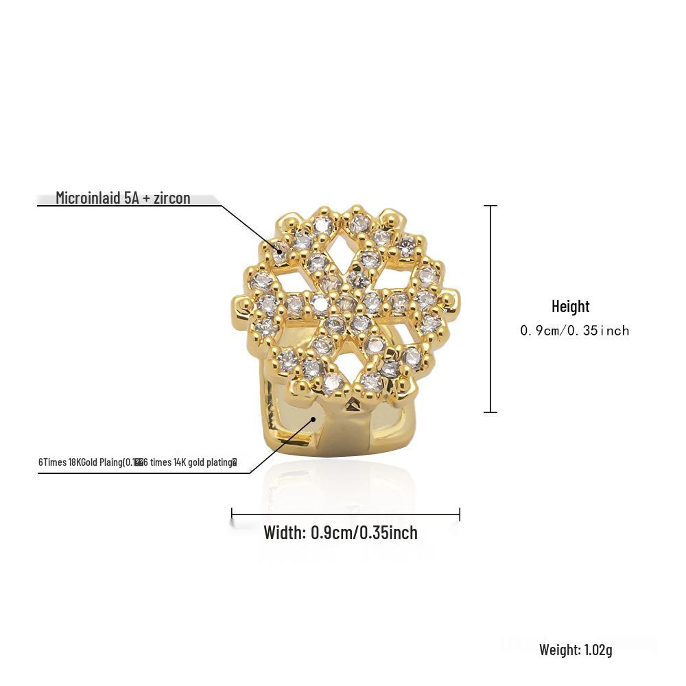 18K Gold Zirconia Snowflake Grillz with Openwork Design.