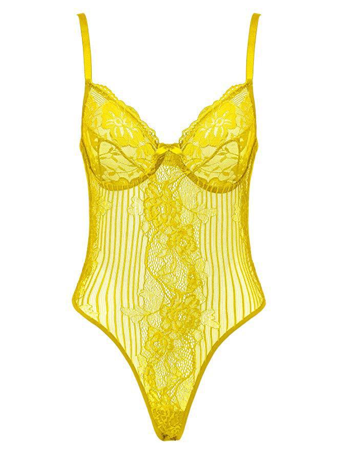 European & American Sexy Lace Bodysuit with Bow and Shoulder Straps.