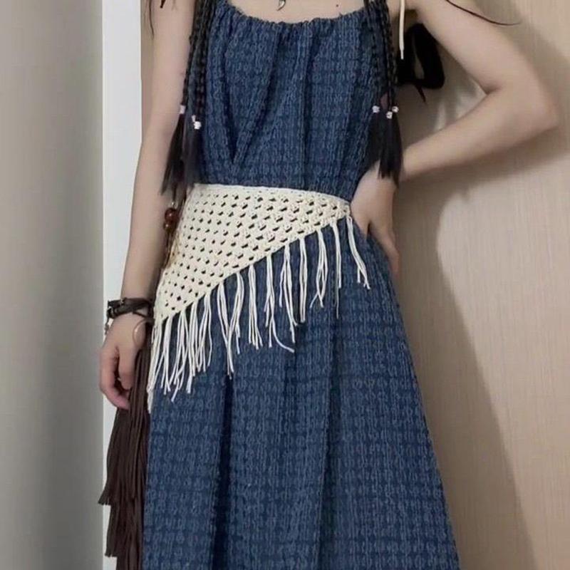 Hollowing Out Triangle Headscarf Ethnic Style Turban Hair Scraf Multifunctional Bohemian Tassel Hip Apron Waist Band