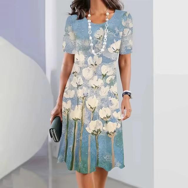 Elegant Women Short Sleeve Fashion 3d Print Midi Dress Plus Size Beach Clothing