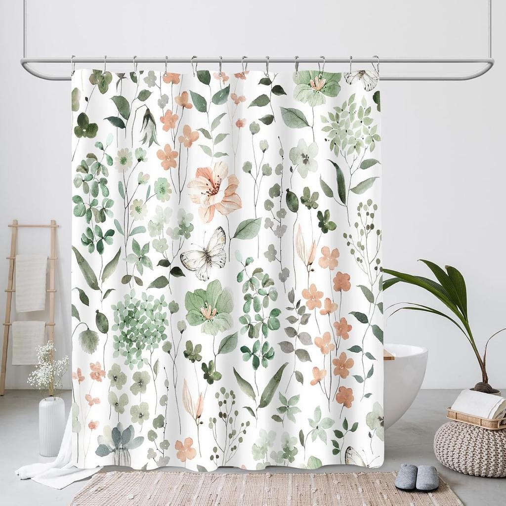 Adorable Green Flowers Shower Curtain Washable Dirt-Resistant Shower Head Waterproof Polyester Bath Curtain For Home Decor