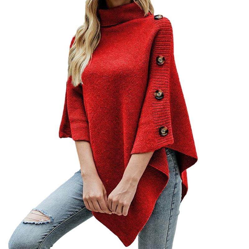 Women's Solid Color Turtleneck Slit Shawl Knitwear Cape Coat