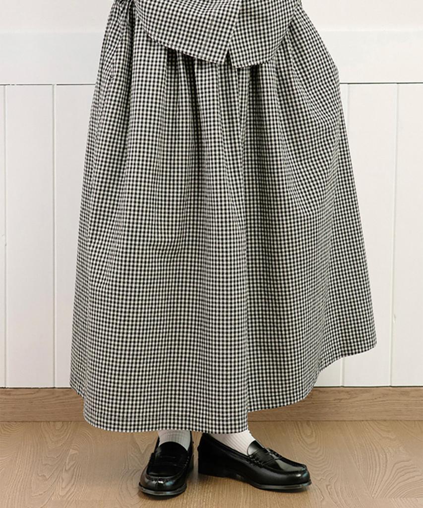 Chikita Cotton Tone Check Shirred Flare Skirt Black