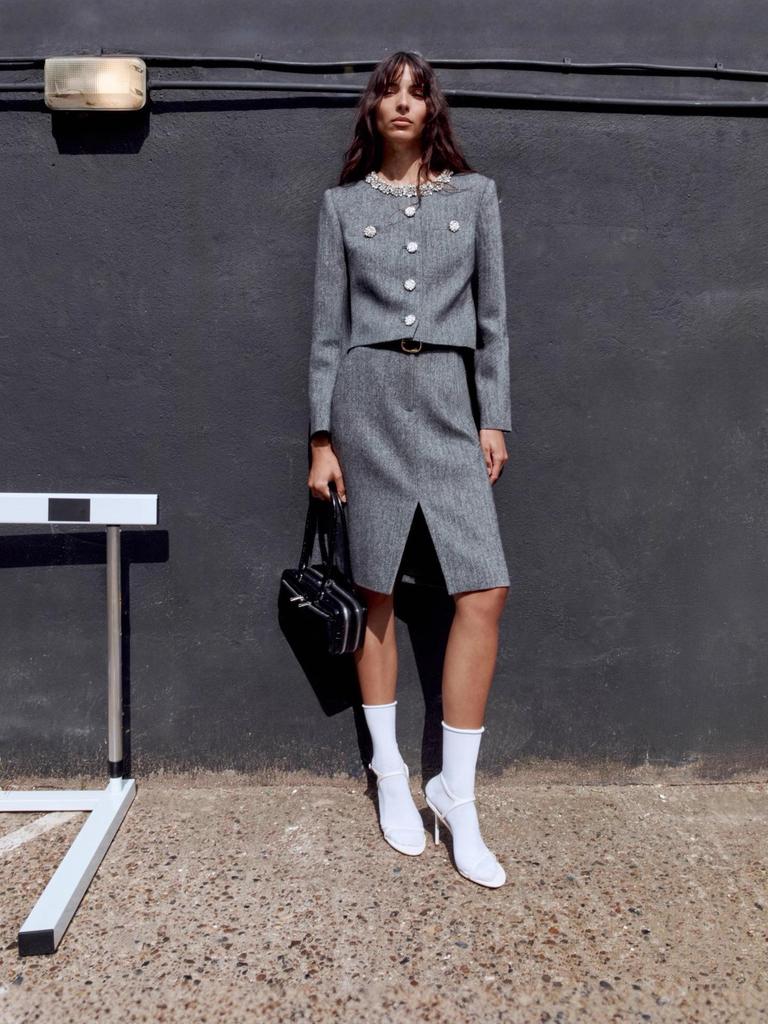 Nanyou Women's Mixed Color Rhinestone Herringbone Wool-Blend Jacket and Slit Skirt Set