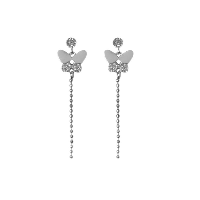 Sweet Sister Butterfly Fringed Earrings Personalized Small Broken Diamond Zircon Stud Earrings Temperament Long Ins Wind Round Bead Chain Earrings
