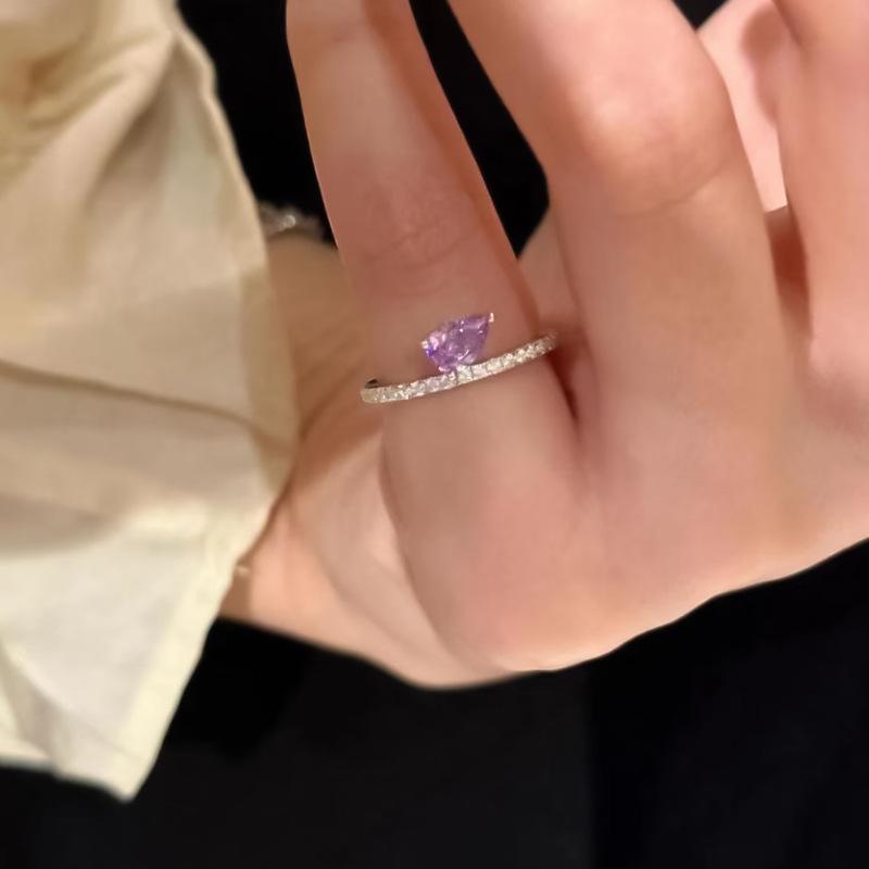 Luoxi Temple 925 Sterling Silver Purple Teardrop Minimalist Ring - 4x6mm Pear-Shaped Diamond