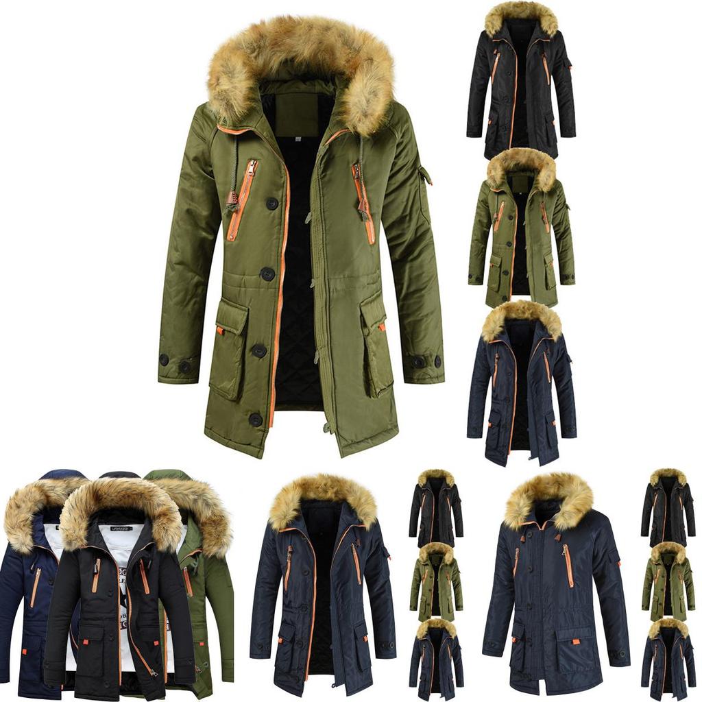Luxuriöser Herren-Trenchcoat mit Pelzhaube Warmer Winterparka für Outdoor-Abenteuer