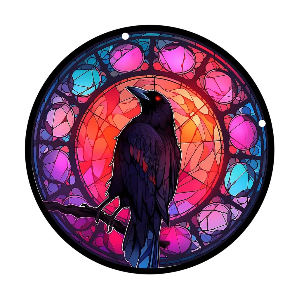 Raven Stained Glass Suncatcher Window Hanging Decoration Halloween Gothic Crow Glass Ornament for Window Home Kitchen