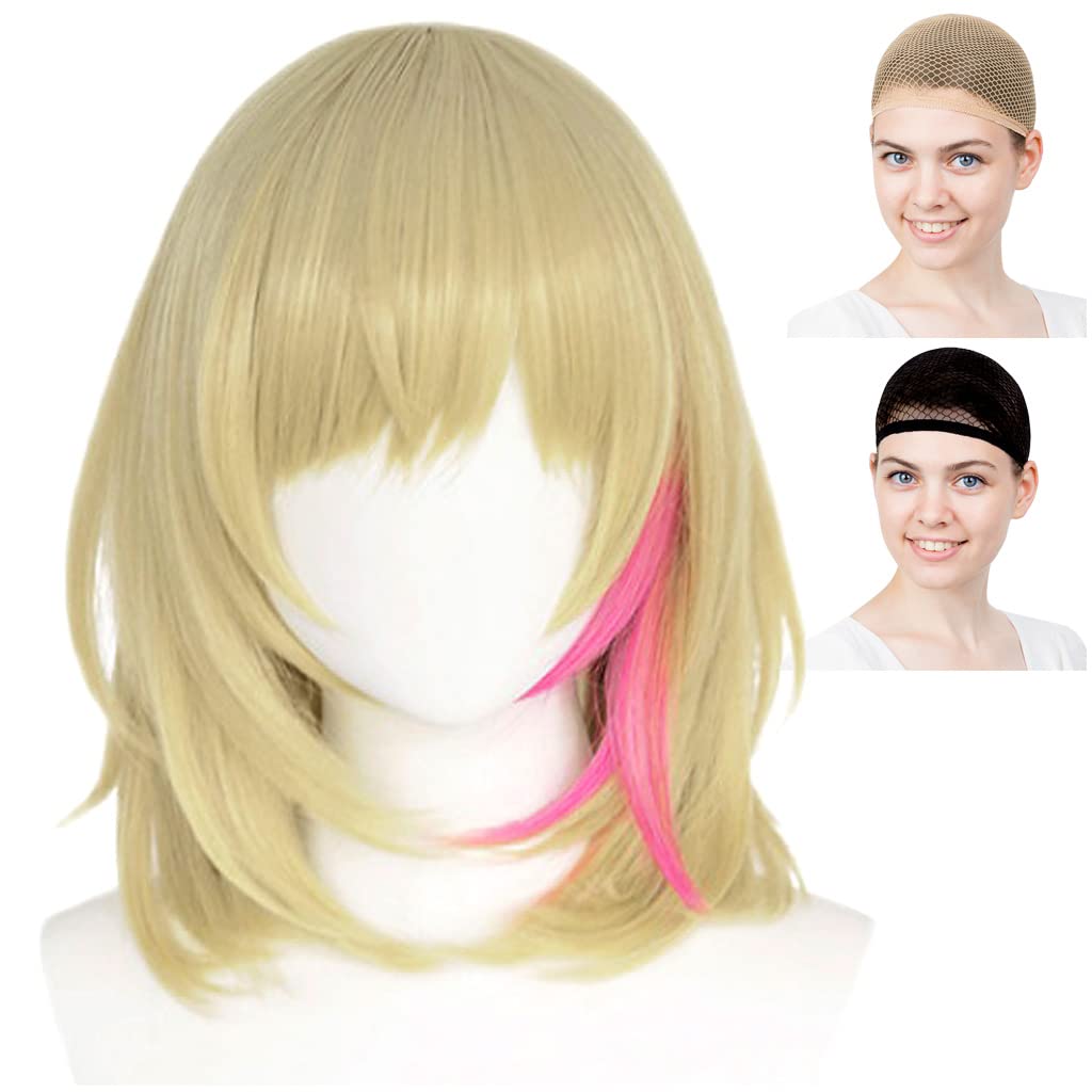 CaseEden Cosplay Wig, Medium, Heat-Resistant, Gold Blonde with Pink Mesh, Set of 2 Wig Nets